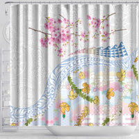 Hawaiian and Japanese Culture Together Shower Curtain Tribal Motifs with Lei and Japanese Sakura Pattern