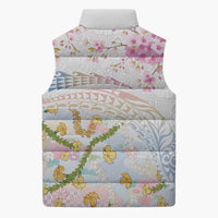Hawaiian and Japanese Culture Together Sleeveless Puffer Jacket Tribal Motifs with Lei and Japanese Sakura Pattern