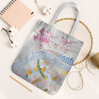 Hawaiian and Japanese Culture Together Tote Bag Tribal Motifs with Lei and Japanese Sakura Pattern