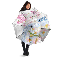 Hawaiian and Japanese Culture Together Umbrella Tribal Motifs with Lei and Japanese Sakura Pattern