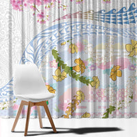 Hawaiian and Japanese Culture Together Window Curtain Tribal Motifs with Lei and Japanese Sakura Pattern
