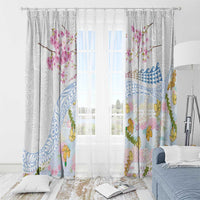 Hawaiian and Japanese Culture Together Window Curtain Tribal Motifs with Lei and Japanese Sakura Pattern