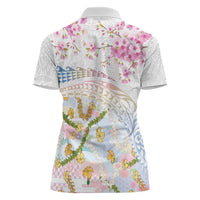 Hawaiian and Japanese Culture Together Women Polo Shirt Tribal Motifs with Lei and Japanese Sakura Pattern