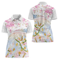 Hawaiian and Japanese Culture Together Women Polo Shirt Tribal Motifs with Lei and Japanese Sakura Pattern