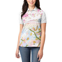 Hawaiian and Japanese Culture Together Women Polo Shirt Tribal Motifs with Lei and Japanese Sakura Pattern