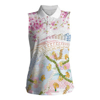 Hawaiian and Japanese Culture Together Women Sleeveless Polo Shirt Tribal Motifs with Lei and Japanese Sakura Pattern