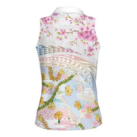 Hawaiian and Japanese Culture Together Women Sleeveless Polo Shirt Tribal Motifs with Lei and Japanese Sakura Pattern