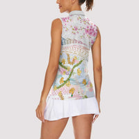 Hawaiian and Japanese Culture Together Women Sleeveless Polo Shirt Tribal Motifs with Lei and Japanese Sakura Pattern