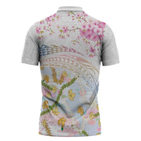 Hawaiian and Japanese Culture Together Zipper Polo Shirt Tribal Motifs with Lei and Japanese Sakura Pattern