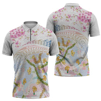 Hawaiian and Japanese Culture Together Zipper Polo Shirt Tribal Motifs with Lei and Japanese Sakura Pattern