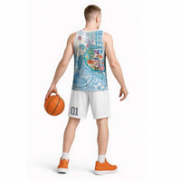 Hawaiian and Japanese Culture Together Basketball Jersey Tropical Honu with Japanese Elements Blue Color