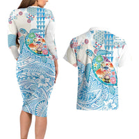 Hawaiian and Japanese Culture Together Couples Matching Long Sleeve Bodycon Dress and Hawaiian Shirt Tropical Honu with Japanese Elements Blue Color