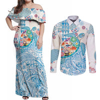Hawaiian and Japanese Culture Together Couples Matching Off Shoulder Maxi Dress and Long Sleeve Button Shirt Tropical Honu with Japanese Elements Blue Color
