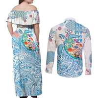 Hawaiian and Japanese Culture Together Couples Matching Off Shoulder Maxi Dress and Long Sleeve Button Shirt Tropical Honu with Japanese Elements Blue Color