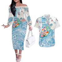 Hawaiian and Japanese Culture Together Couples Matching Off The Shoulder Long Sleeve Dress and Hawaiian Shirt Tropical Honu with Japanese Elements Blue Color
