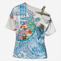 Hawaiian and Japanese Culture Together Cross Shoulder Shirt Tropical Honu with Japanese Elements Blue Color