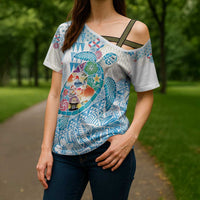 Hawaiian and Japanese Culture Together Cross Shoulder Shirt Tropical Honu with Japanese Elements Blue Color