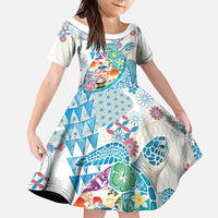 Hawaiian and Japanese Culture Together Family Matching Long Sleeve Bodycon Dress and Hawaiian Shirt Tropical Honu with Japanese Elements Blue Color LT03 Daughter's Dress Blue - Polynesian Pride