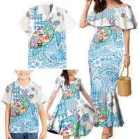 Hawaiian and Japanese Culture Together Family Matching Mermaid Dress and Hawaiian Shirt Tropical Honu with Japanese Elements Blue Color