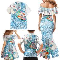Hawaiian and Japanese Culture Together Family Matching Mermaid Dress and Hawaiian Shirt Tropical Honu with Japanese Elements Blue Color