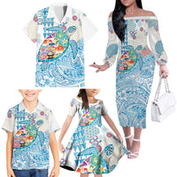 Hawaiian and Japanese Culture Together Family Matching Off The Shoulder Long Sleeve Dress and Hawaiian Shirt Tropical Honu with Japanese Elements Blue Color