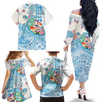 Hawaiian and Japanese Culture Together Family Matching Off The Shoulder Long Sleeve Dress and Hawaiian Shirt Tropical Honu with Japanese Elements Blue Color