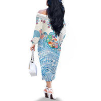 Hawaiian and Japanese Culture Together Family Matching Off The Shoulder Long Sleeve Dress and Hawaiian Shirt Tropical Honu with Japanese Elements Blue Color