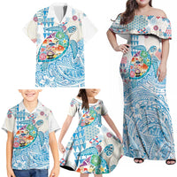 Hawaiian and Japanese Culture Together Family Matching Off Shoulder Maxi Dress and Hawaiian Shirt Tropical Honu with Japanese Elements Blue Color