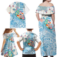 Hawaiian and Japanese Culture Together Family Matching Off Shoulder Maxi Dress and Hawaiian Shirt Tropical Honu with Japanese Elements Blue Color