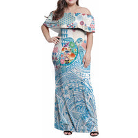 Hawaiian and Japanese Culture Together Family Matching Off Shoulder Maxi Dress and Hawaiian Shirt Tropical Honu with Japanese Elements Blue Color