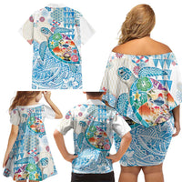 Hawaiian and Japanese Culture Together Family Matching Off Shoulder Short Dress and Hawaiian Shirt Tropical Honu with Japanese Elements Blue Color