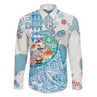 Hawaiian and Japanese Culture Together Family Matching Short Sleeve Bodycon Dress and Hawaiian Shirt Tropical Honu with Japanese Elements Blue Color LT03 Dad's Shirt - Long Sleeve Blue - Polynesian Pride