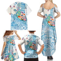 Hawaiian and Japanese Culture Together Family Matching Summer Maxi Dress and Hawaiian Shirt Tropical Honu with Japanese Elements Blue Color