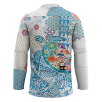 Hawaiian and Japanese Culture Together Hockey Jersey Tropical Honu with Japanese Elements Blue Color