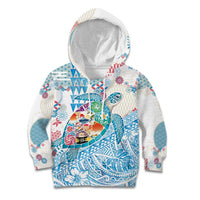 Hawaiian and Japanese Culture Together Kid Hoodie Tropical Honu with Japanese Elements Blue Color