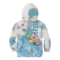 Hawaiian and Japanese Culture Together Kid Hoodie Tropical Honu with Japanese Elements Blue Color