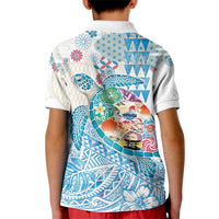 Hawaiian and Japanese Culture Together Kid Polo Shirt Tropical Honu with Japanese Elements Blue Color
