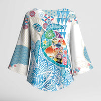 Hawaiian and Japanese Culture Together Kimono Sleeve Blouse Tropical Honu with Japanese Elements Blue Color