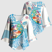 Hawaiian and Japanese Culture Together Kimono Sleeve Blouse Tropical Honu with Japanese Elements Blue Color
