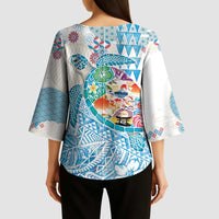 Hawaiian and Japanese Culture Together Kimono Sleeve Blouse Tropical Honu with Japanese Elements Blue Color