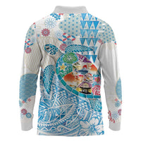 Hawaiian and Japanese Culture Together Long Sleeve Polo Shirt Tropical Honu with Japanese Elements Blue Color