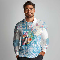 Hawaiian and Japanese Culture Together Long Sleeve Polo Shirt Tropical Honu with Japanese Elements Blue Color
