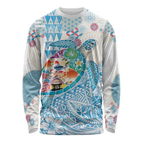 Hawaiian and Japanese Culture Together Long Sleeve Shirt Tropical Honu with Japanese Elements Blue Color