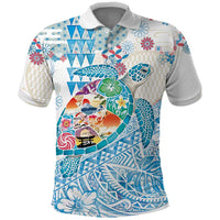 Hawaiian and Japanese Culture Together Polo Shirt Tropical Honu with Japanese Elements Blue Color