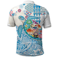 Hawaiian and Japanese Culture Together Polo Shirt Tropical Honu with Japanese Elements Blue Color