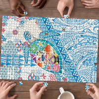 Hawaiian and Japanese Culture Together Puzzle Tropical Honu with Japanese Elements Blue Color