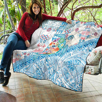 Hawaiian and Japanese Culture Together Quilt Tropical Honu with Japanese Elements Blue Color