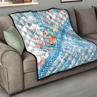 Hawaiian and Japanese Culture Together Quilt Tropical Honu with Japanese Elements Blue Color