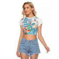 Hawaiian and Japanese Culture Together Raglan Cropped T Shirt Tropical Honu with Japanese Elements Blue Color