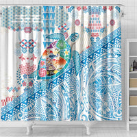 Hawaiian and Japanese Culture Together Shower Curtain Tropical Honu with Japanese Elements Blue Color